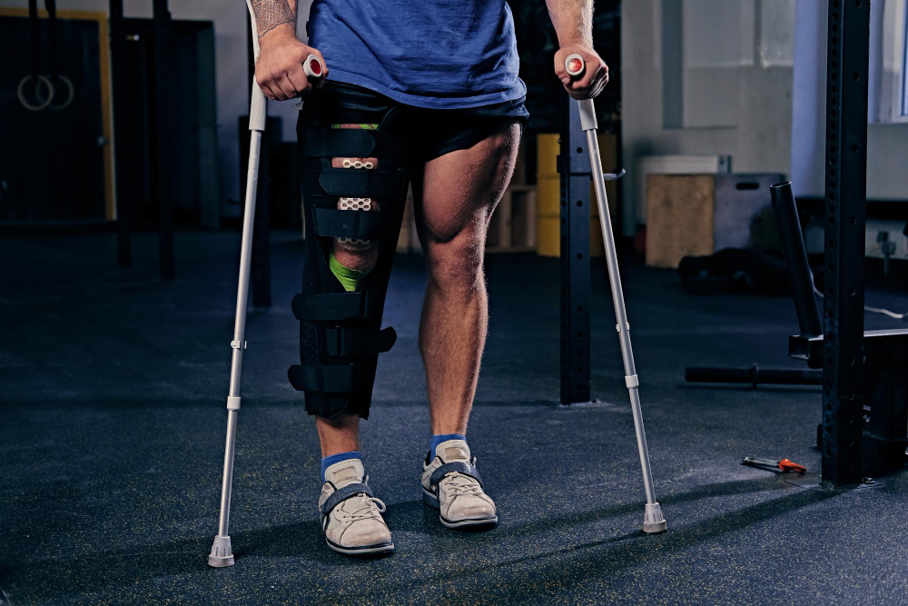 Athlete standing with crutches and a knee brace on the left leg in a gym setting.
