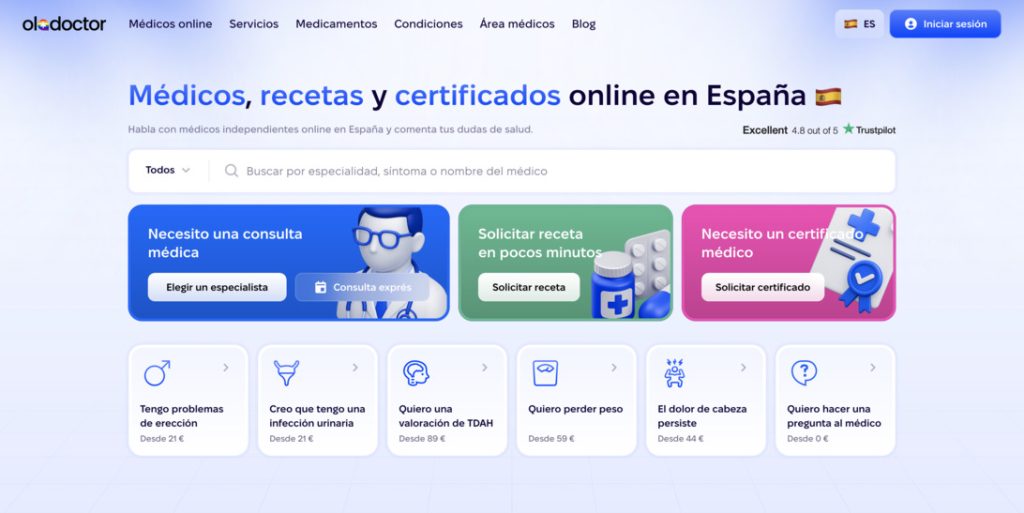 Hero section of a Spanish telemedicine site offering online doctors, prescriptions, and certificates