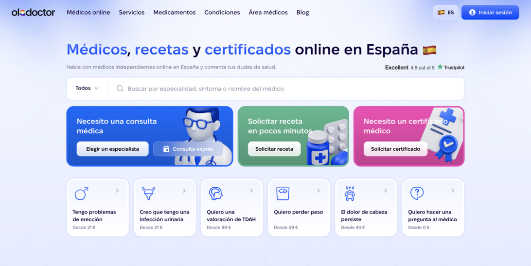 Screenshot - i-Healthcare Hero section of a Spanish telemedicine site offering online doctors, prescriptions, and certificates